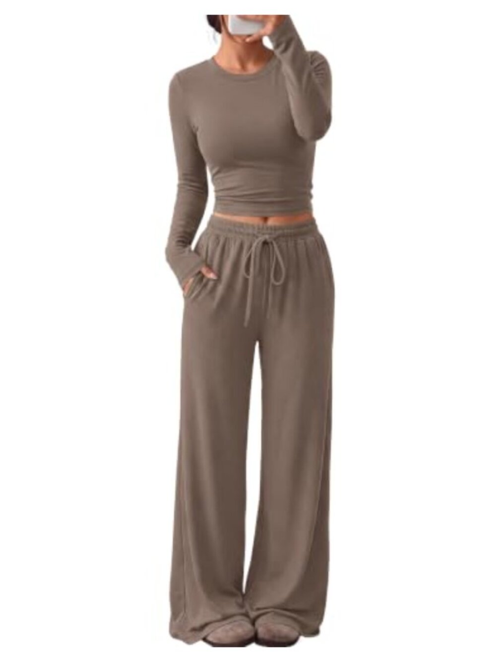 Women's 2 Piece Lounge Set Long Sleeve Ruch Top Wide Leg Pants with Pockets